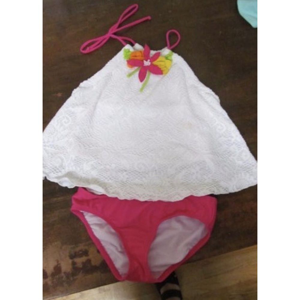 Love U Lots 2 pc white/PINK bright FLOWER‎ Crochet swimsuit Tankini Halter 6 6X